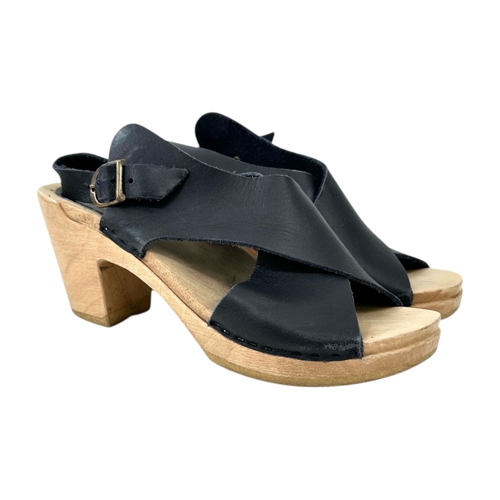 No. 6 Store Black Leather Buckle Strap Wooden Sole 3" Clogs sz 40